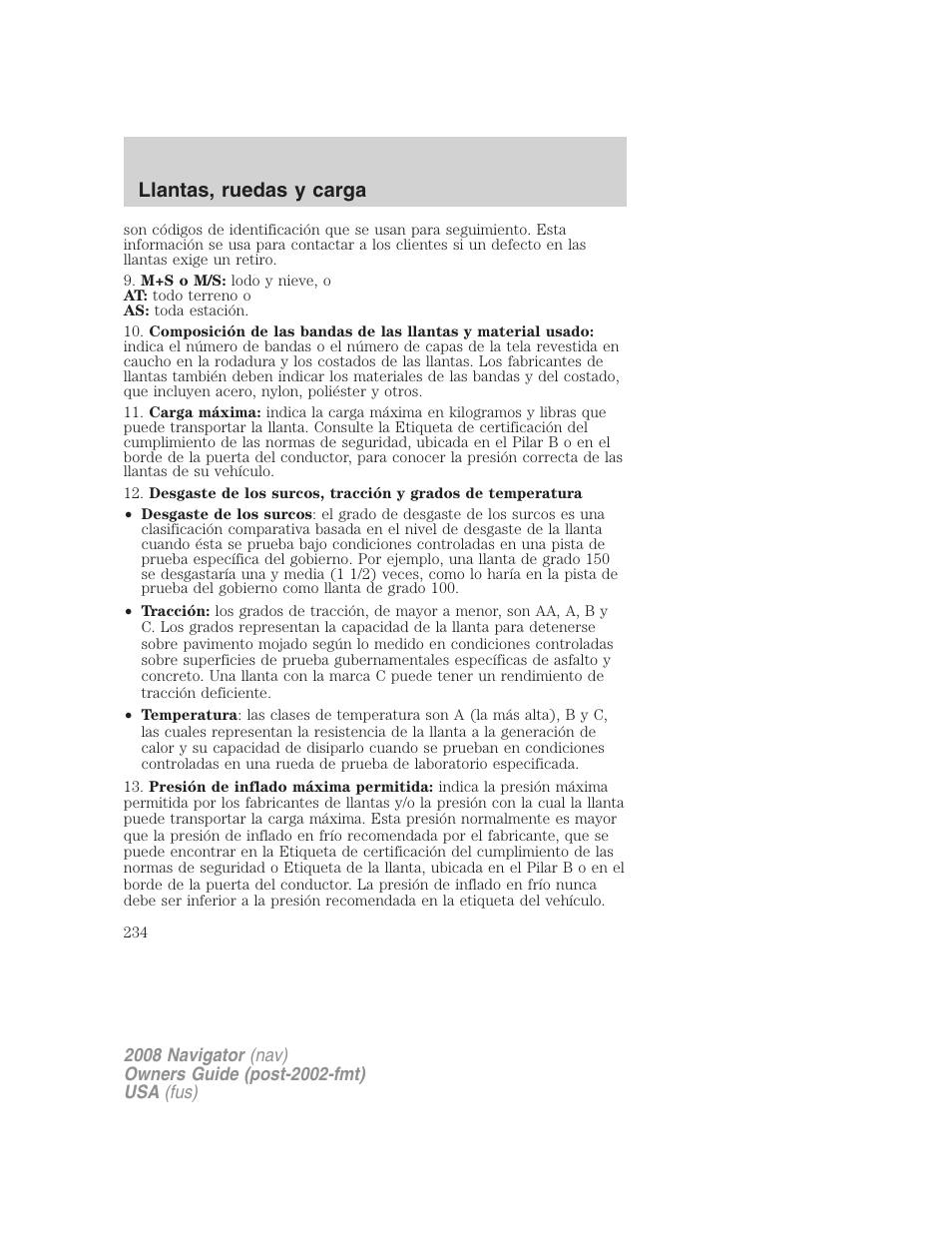 Llantas, ruedas y carga | Lincoln 2008 Navigator User Manual | Page 234 / 750