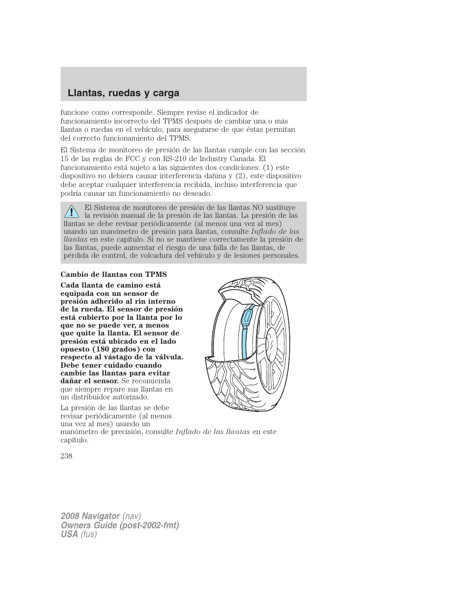 Llantas, ruedas y carga | Lincoln 2008 Navigator User Manual | Page 238 / 750