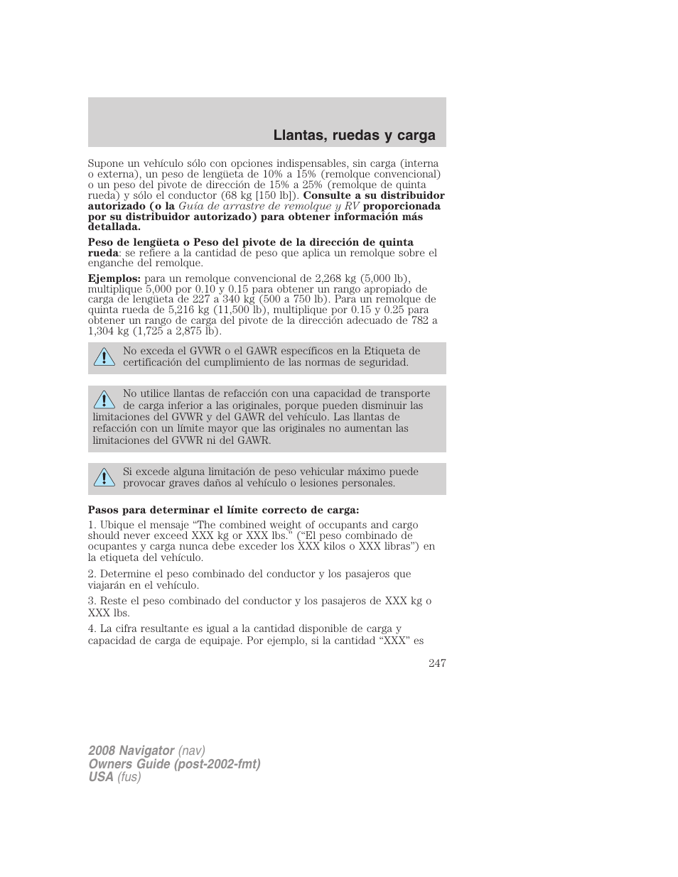 Llantas, ruedas y carga | Lincoln 2008 Navigator User Manual | Page 247 / 750