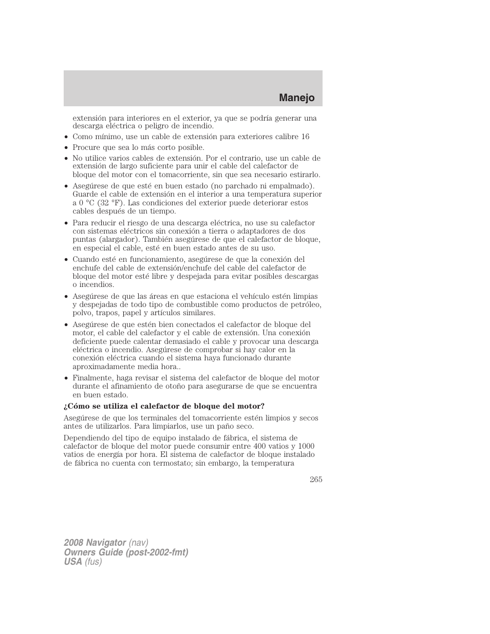 Manejo | Lincoln 2008 Navigator User Manual | Page 265 / 750