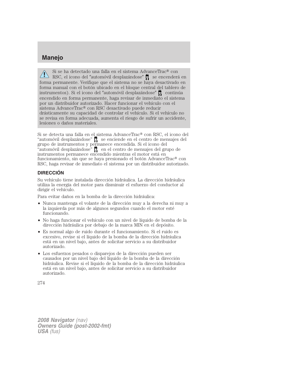 Dirección, Manejo | Lincoln 2008 Navigator User Manual | Page 274 / 750