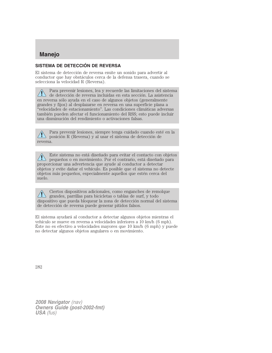 Sistema de detección de reversa, Manejo | Lincoln 2008 Navigator User Manual | Page 282 / 750