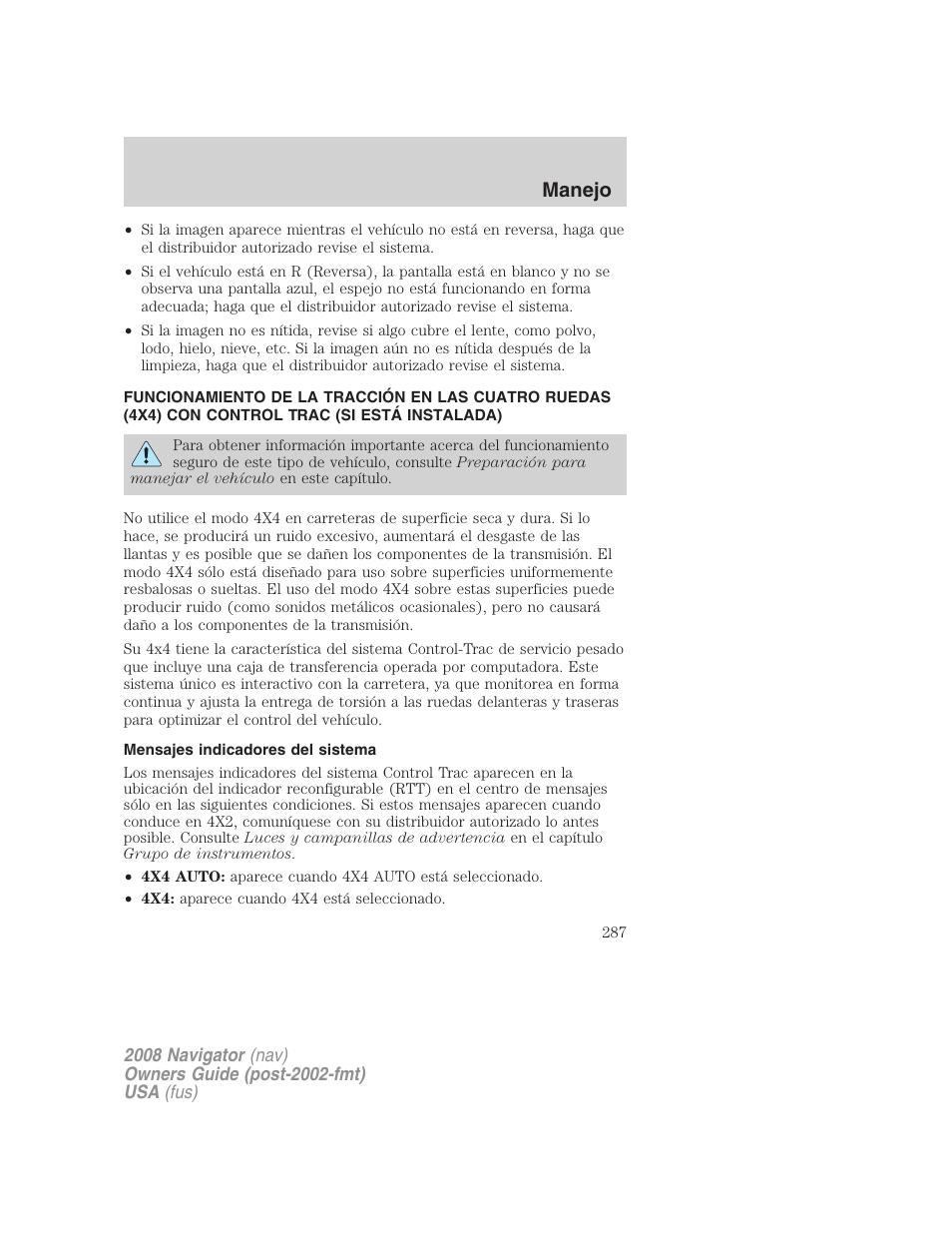 Mensajes indicadores del sistema, Manejo | Lincoln 2008 Navigator User Manual | Page 287 / 750