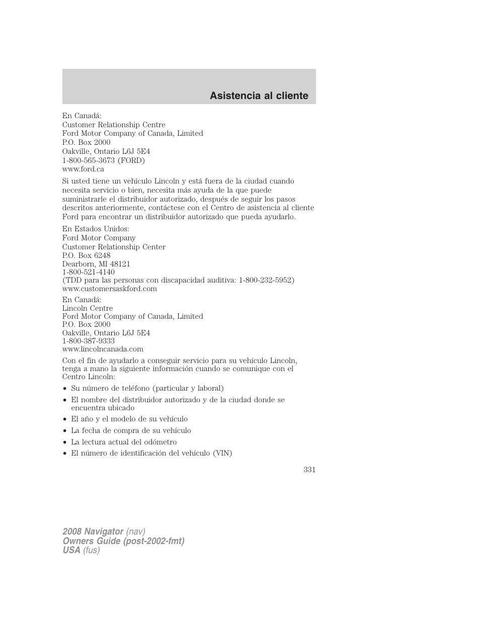 Asistencia al cliente | Lincoln 2008 Navigator User Manual | Page 331 / 750