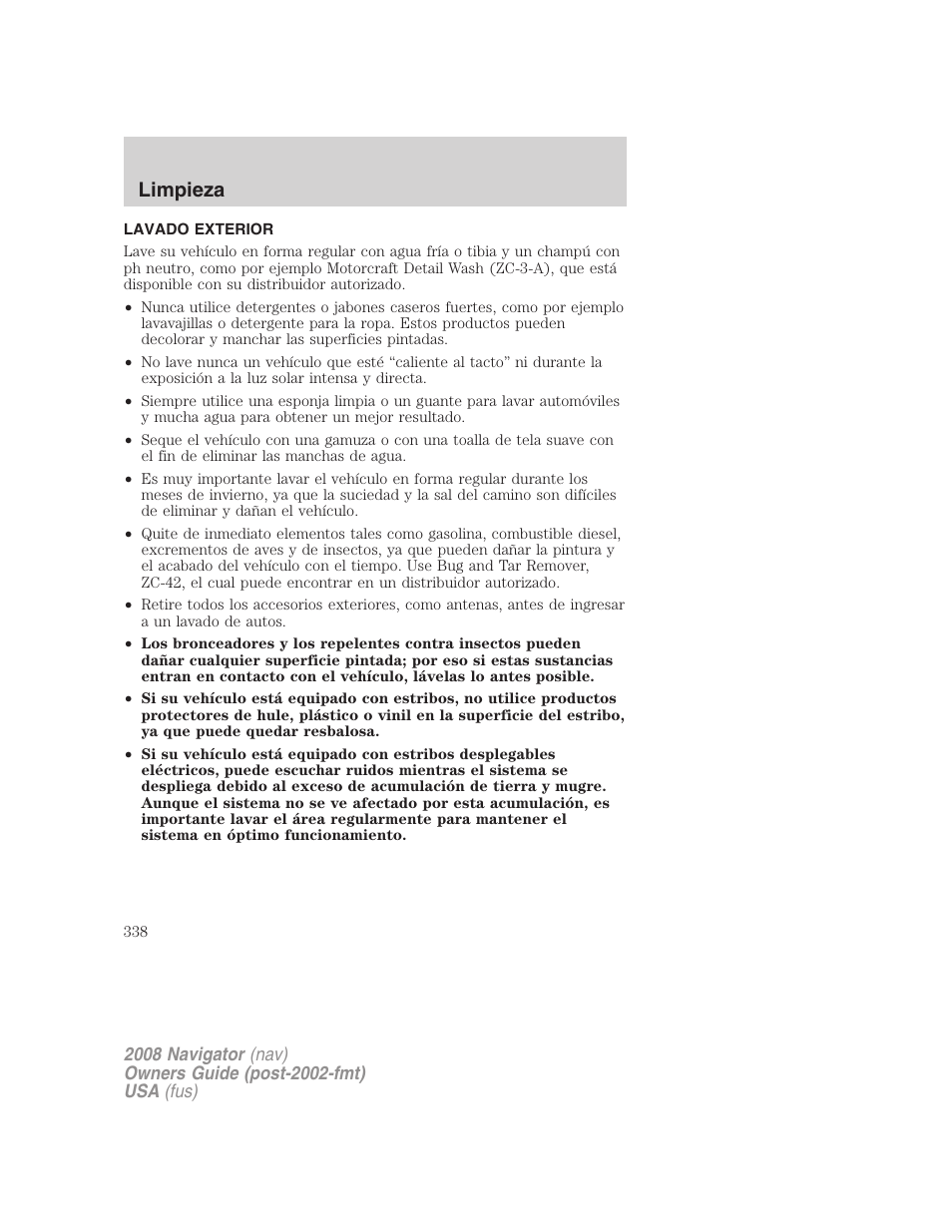 Limpieza, Lavado exterior | Lincoln 2008 Navigator User Manual | Page 338 / 750