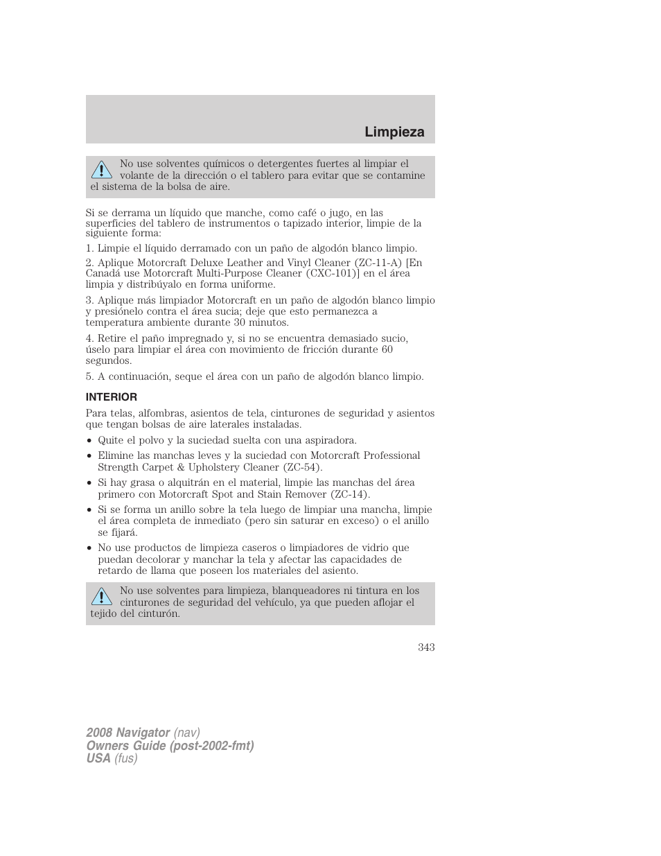 Interior, Limpieza | Lincoln 2008 Navigator User Manual | Page 343 / 750