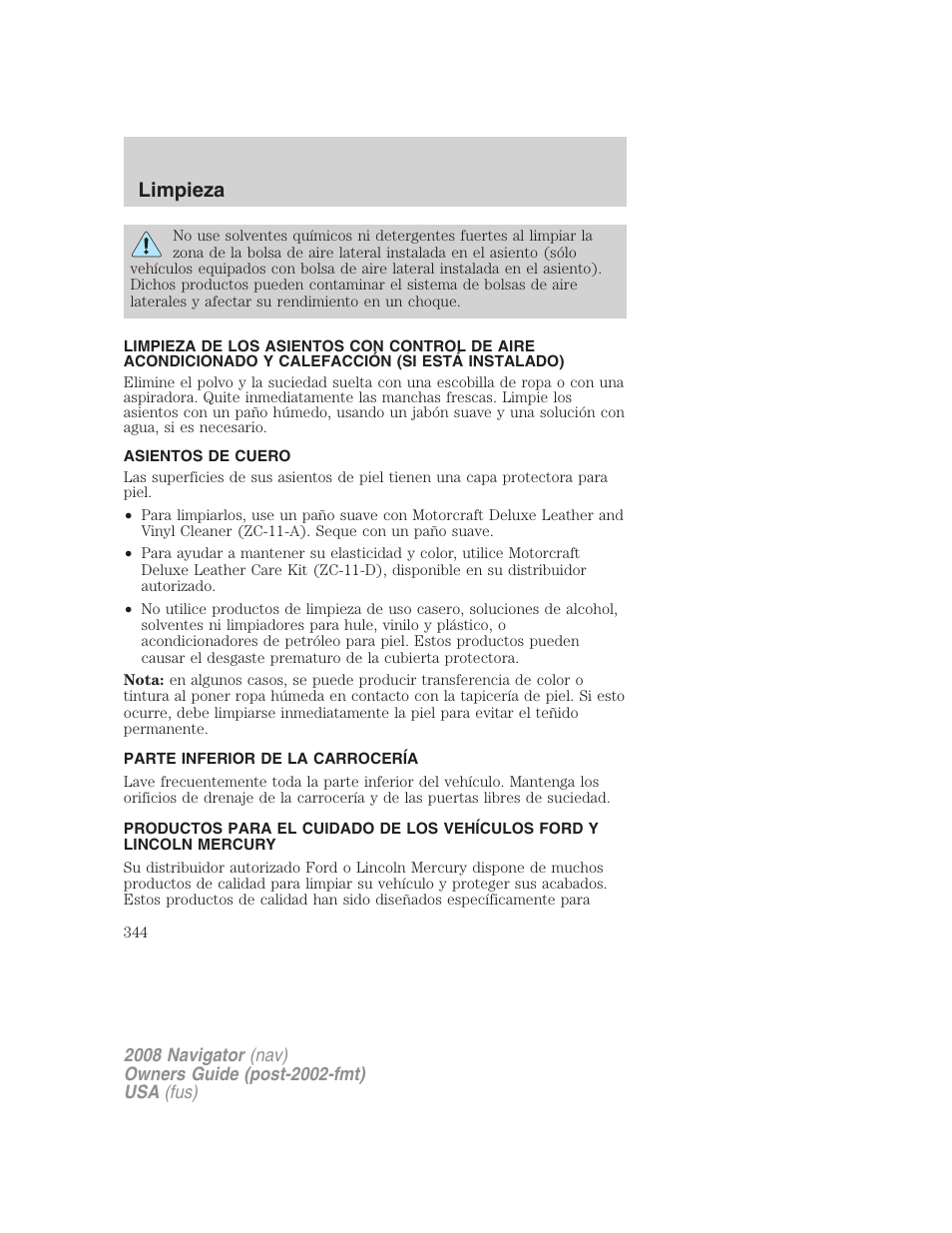 Asientos de cuero, Parte inferior de la carrocería, Limpieza | Lincoln 2008 Navigator User Manual | Page 344 / 750