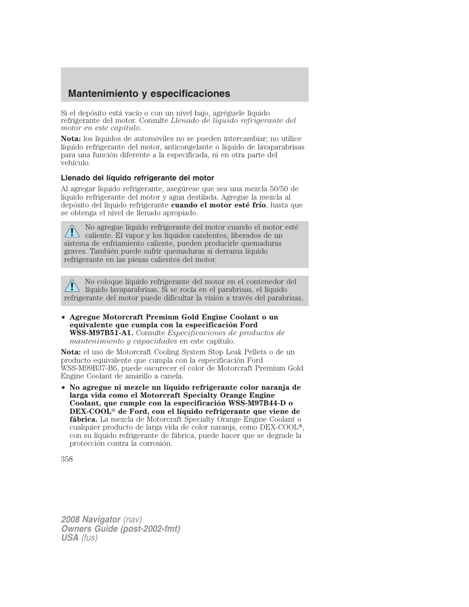 Llenado del líquido refrigerante del motor, Mantenimiento y especificaciones | Lincoln 2008 Navigator User Manual | Page 358 / 750