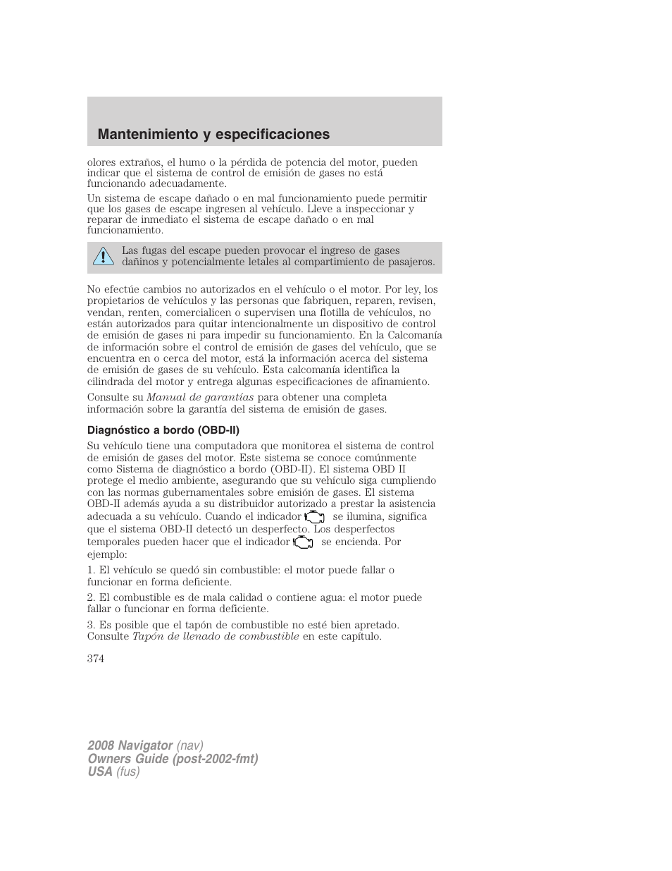 Diagnóstico a bordo (obd-ii), Mantenimiento y especificaciones | Lincoln 2008 Navigator User Manual | Page 374 / 750