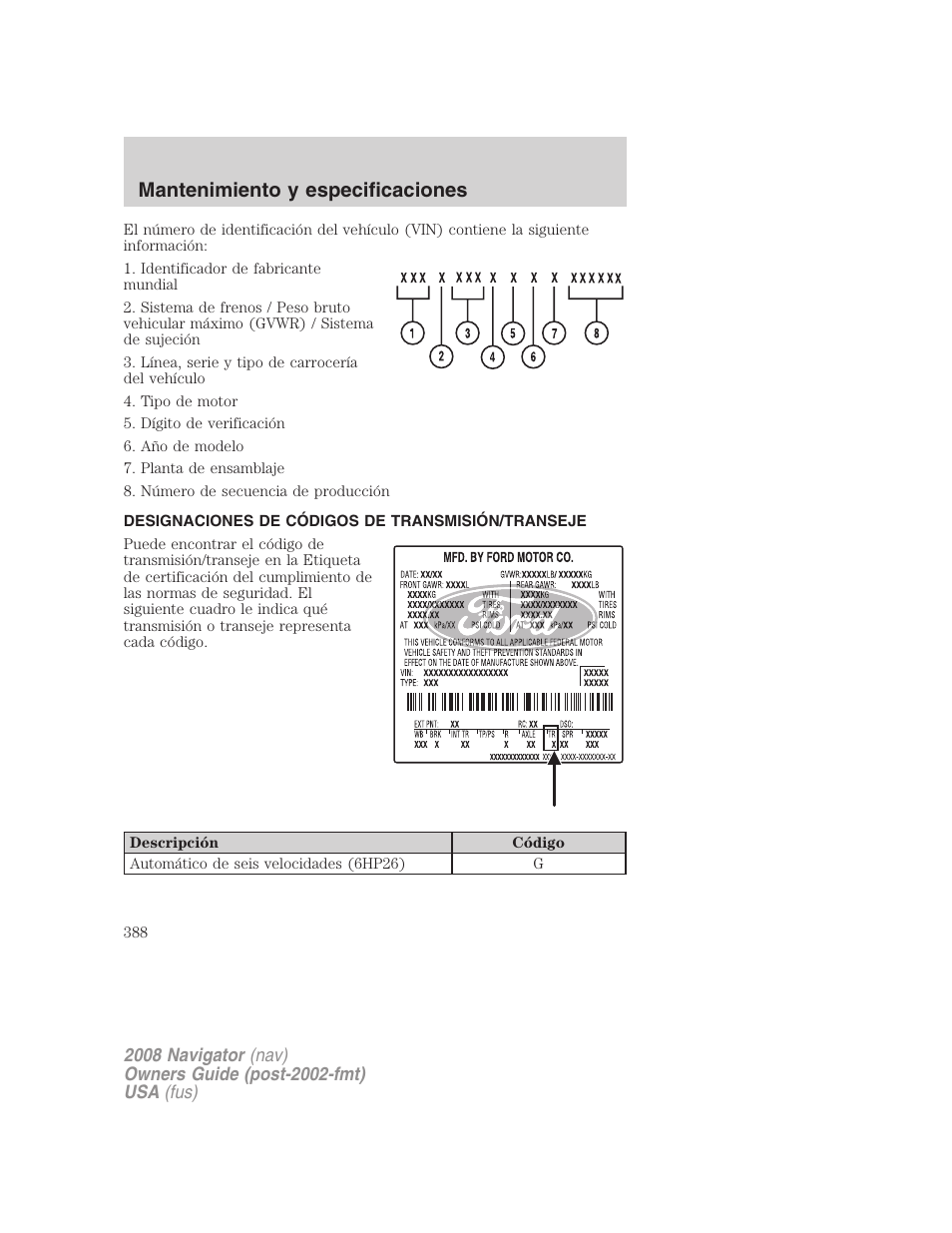 Designaciones de códigos de transmisión/transeje, Mantenimiento y especificaciones | Lincoln 2008 Navigator User Manual | Page 388 / 750