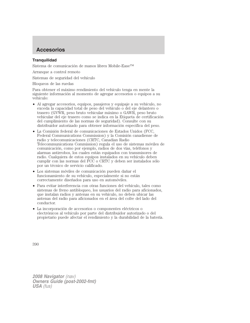 Tranquilidad, Accesorios | Lincoln 2008 Navigator User Manual | Page 390 / 750