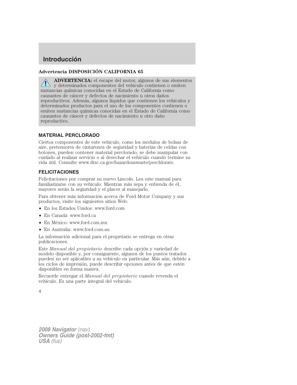 Introducción, Material perclorado, Felicitaciones | Lincoln 2008 Navigator User Manual | Page 4 / 750