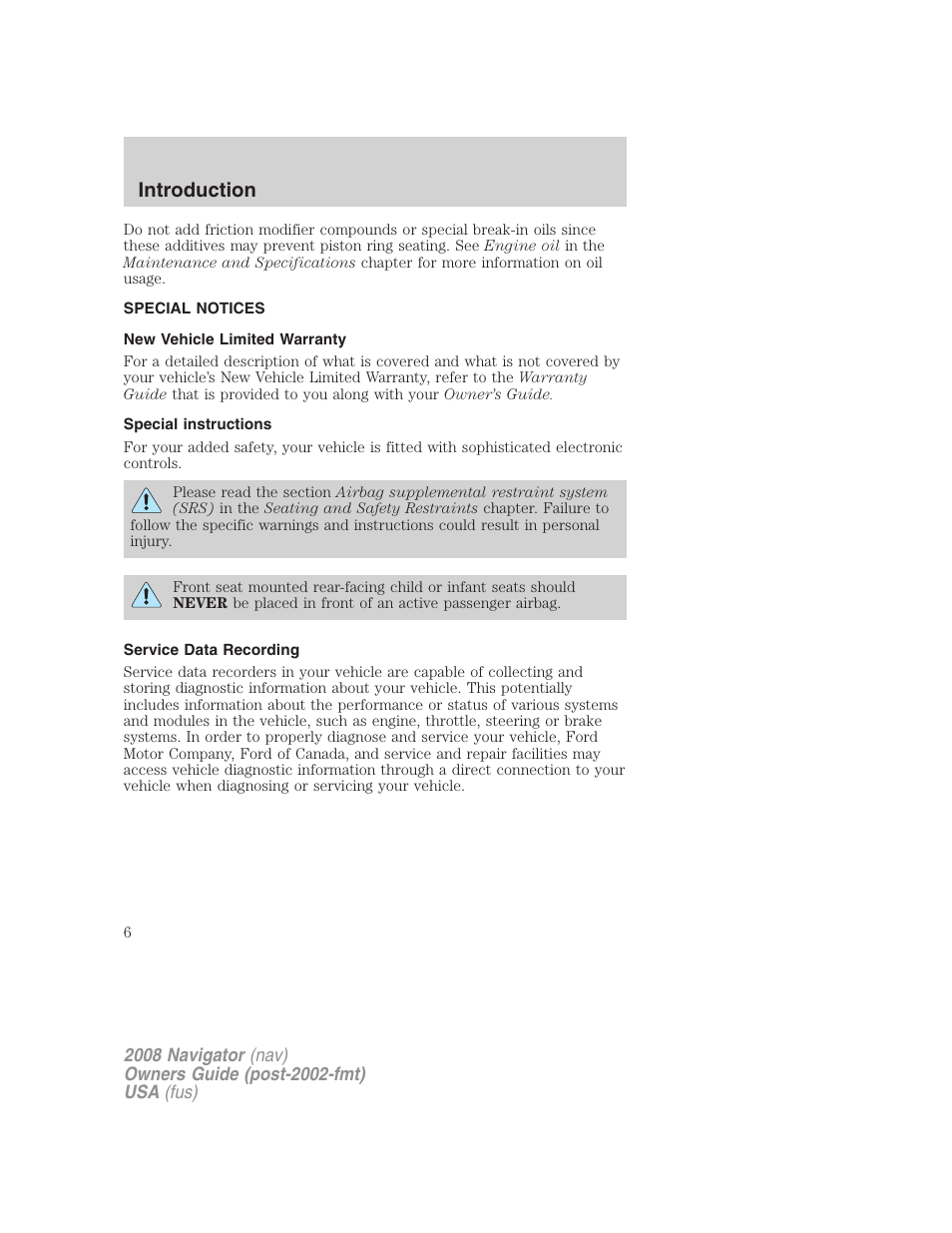 Special notices, New vehicle limited warranty, Special instructions | Service data recording, Introduction | Lincoln 2008 Navigator User Manual | Page 404 / 750