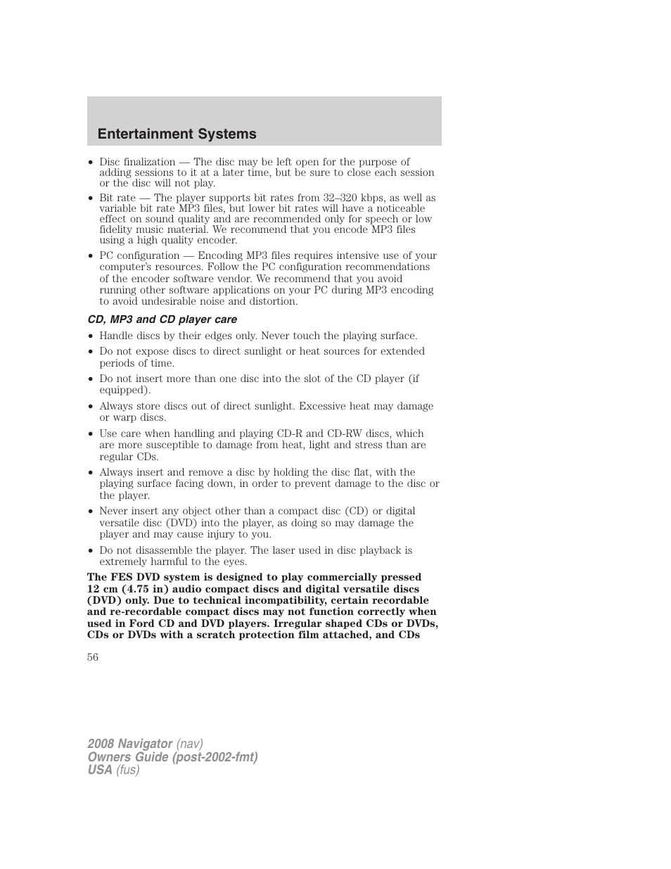 Cd, mp3 and cd player care, Entertainment systems | Lincoln 2008 Navigator User Manual | Page 454 / 750