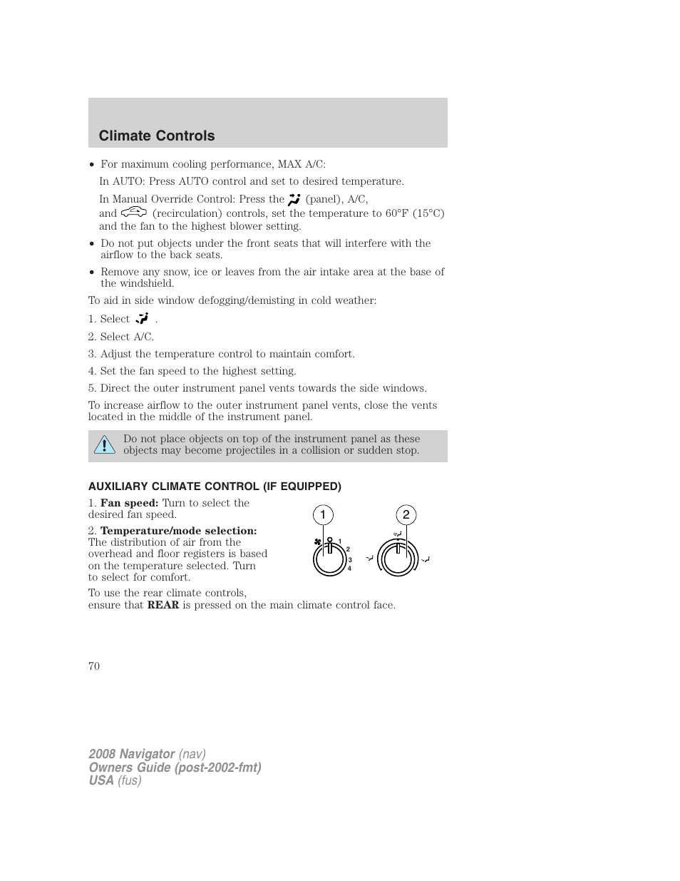 Auxiliary climate control (if equipped), Climate controls | Lincoln 2008 Navigator User Manual | Page 468 / 750