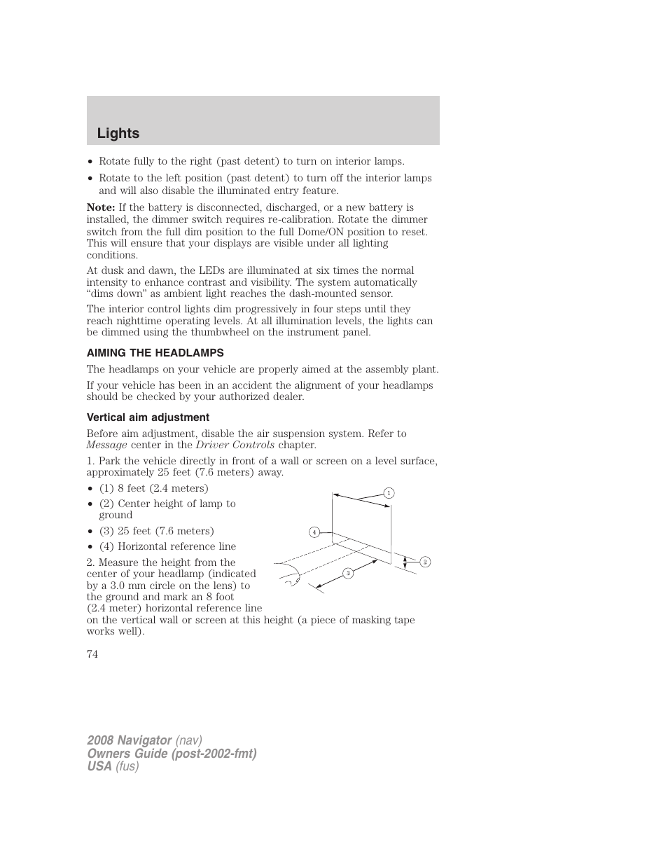 Aiming the headlamps, Vertical aim adjustment, Lights | Lincoln 2008 Navigator User Manual | Page 472 / 750
