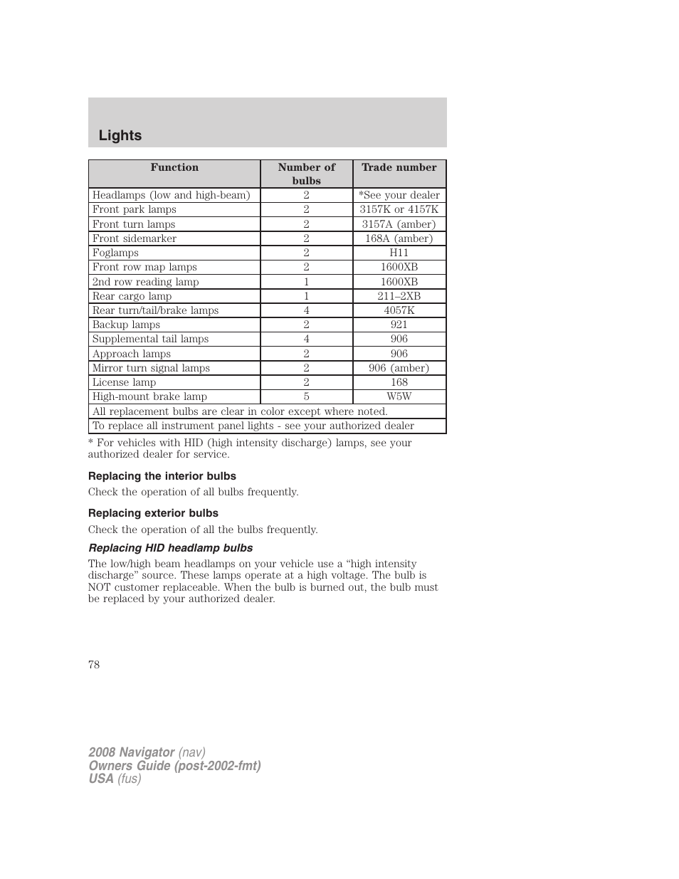 Replacing the interior bulbs, Replacing exterior bulbs, Replacing hid headlamp bulbs | Lights | Lincoln 2008 Navigator User Manual | Page 476 / 750