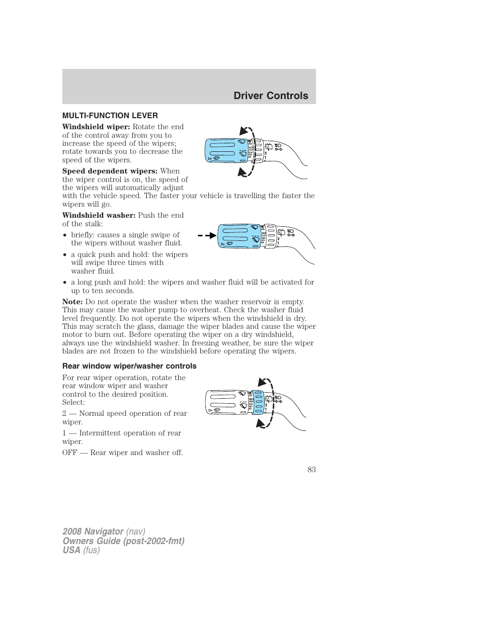 Driver controls, Multi-function lever, Rear window wiper/washer controls | Lincoln 2008 Navigator User Manual | Page 481 / 750