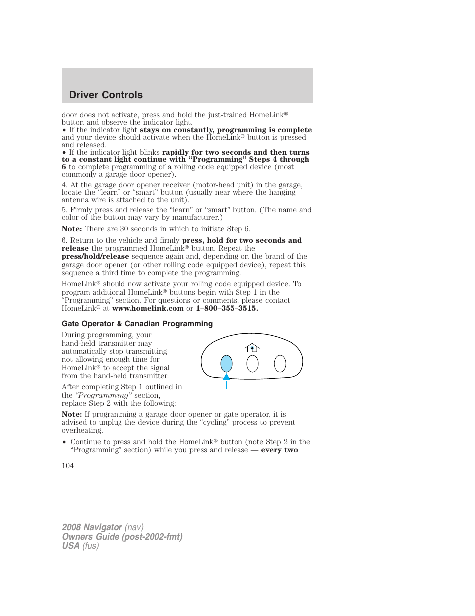 Gate operator & canadian programming, Driver controls | Lincoln 2008 Navigator User Manual | Page 502 / 750