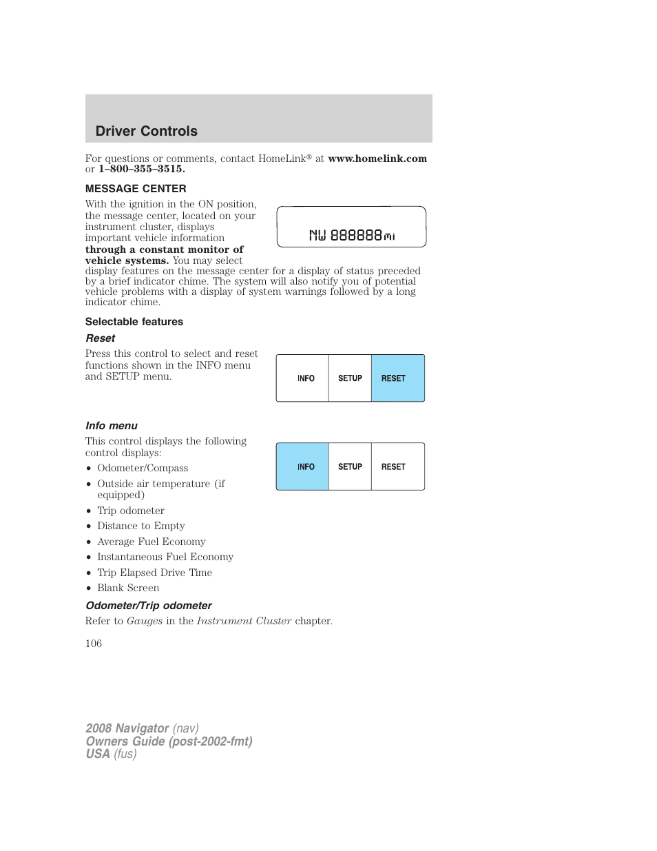 Message center, Selectable features, Reset | Info menu, Odometer/trip odometer, Driver controls | Lincoln 2008 Navigator User Manual | Page 504 / 750