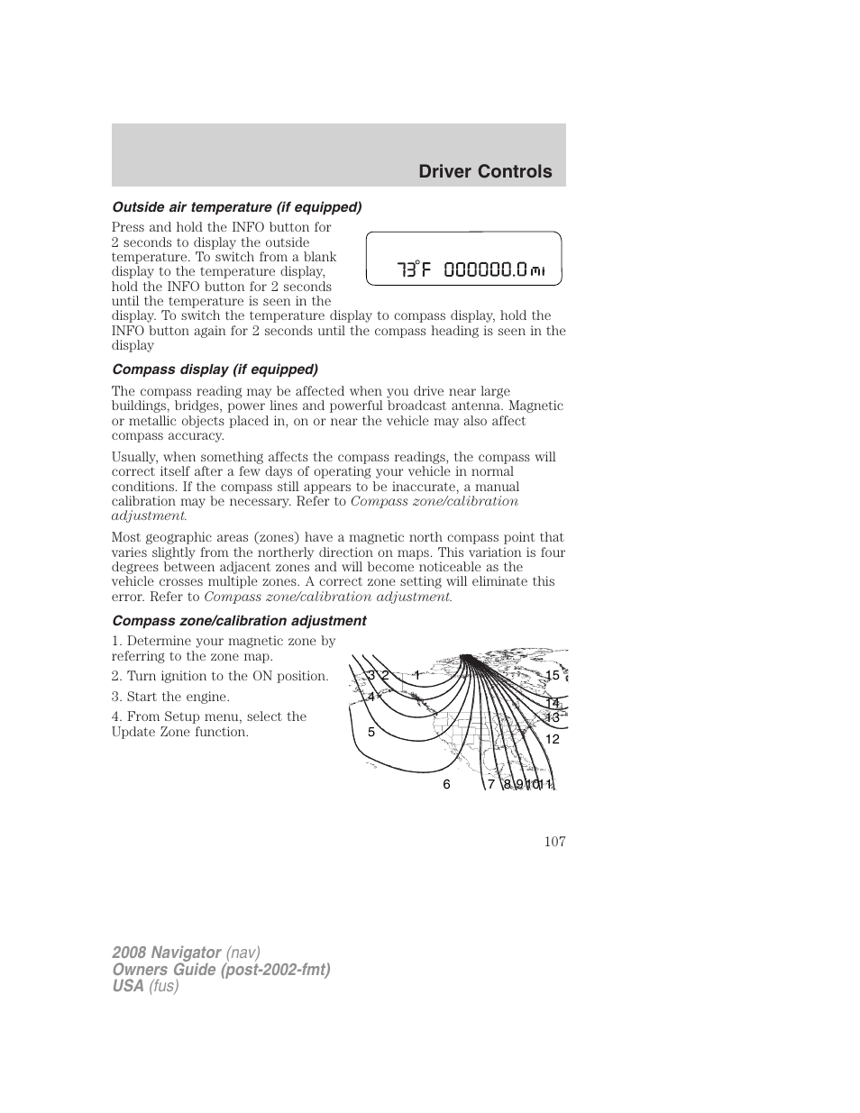 Outside air temperature (if equipped), Compass display (if equipped), Compass zone/calibration adjustment | Driver controls | Lincoln 2008 Navigator User Manual | Page 505 / 750