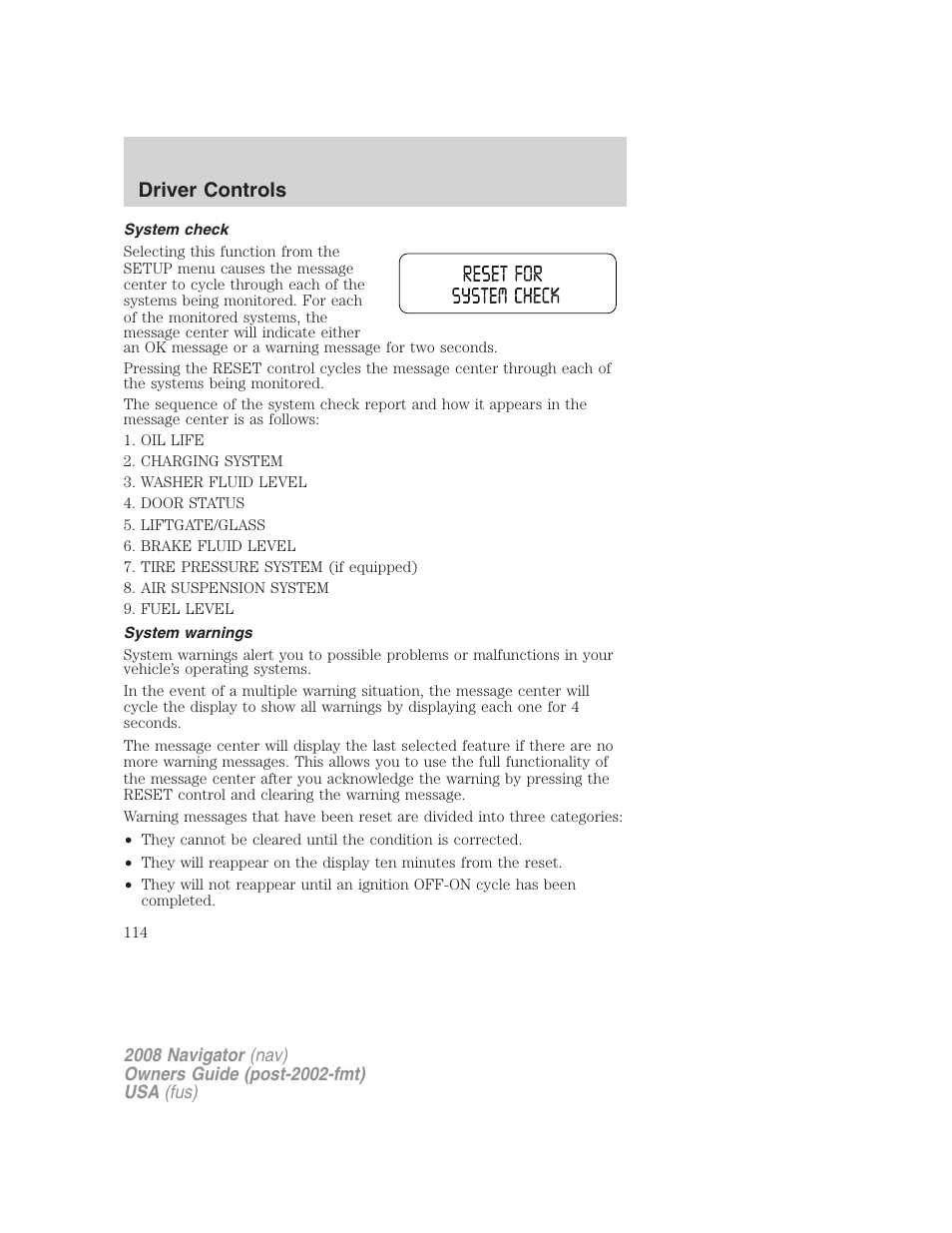 System check, System warnings, Driver controls | Lincoln 2008 Navigator User Manual | Page 512 / 750