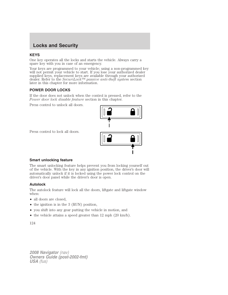 Locks and security, Keys, Power door locks | Smart unlocking feature, Autolock | Lincoln 2008 Navigator User Manual | Page 522 / 750