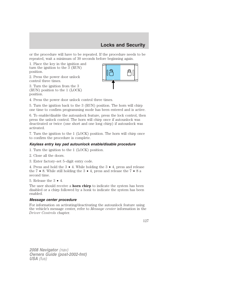 Message center procedure, Locks and security | Lincoln 2008 Navigator User Manual | Page 525 / 750