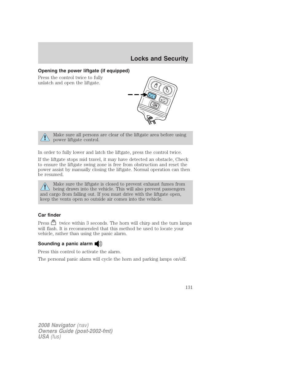 Opening the power liftgate (if equipped), Car finder, Sounding a panic alarm | Locks and security | Lincoln 2008 Navigator User Manual | Page 529 / 750