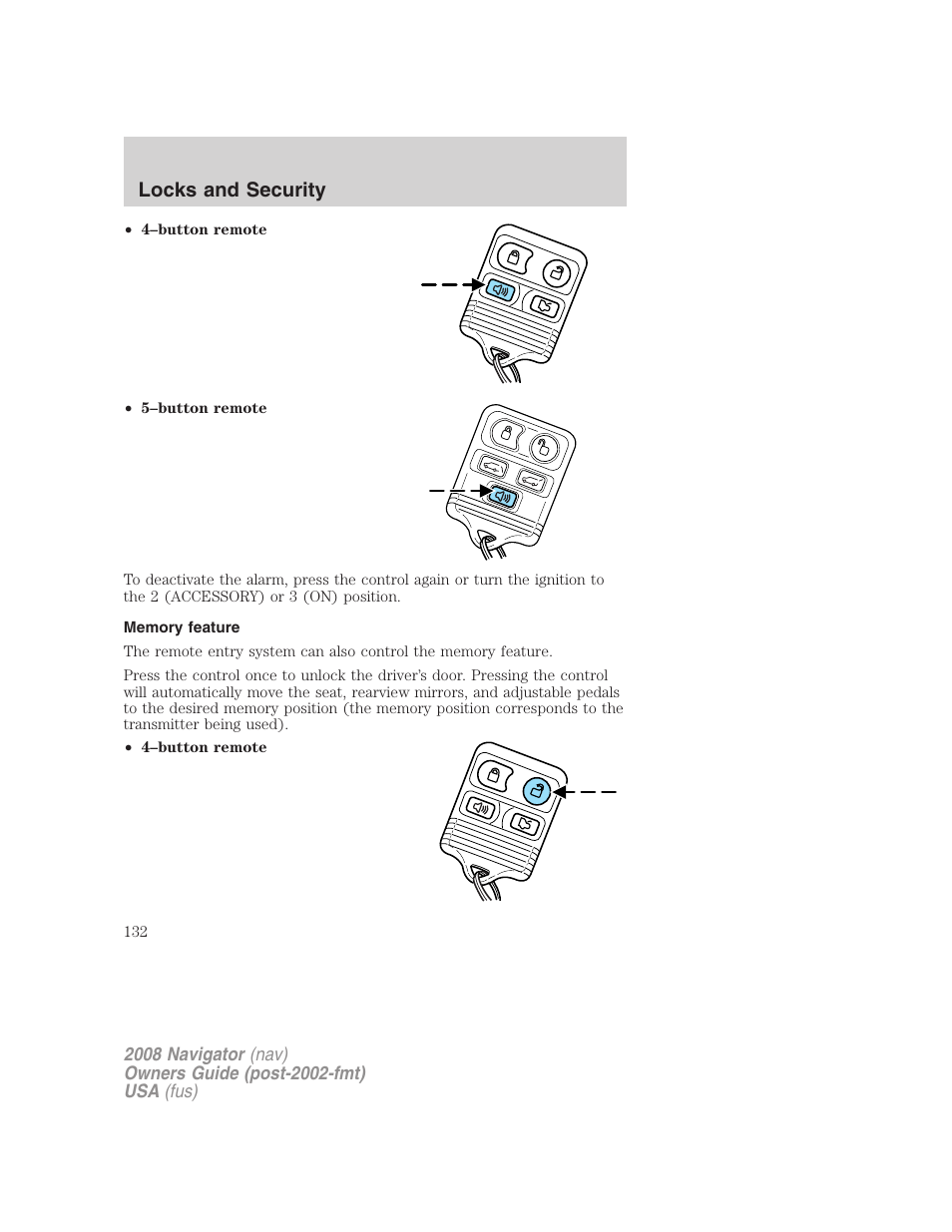 Memory feature, Locks and security | Lincoln 2008 Navigator User Manual | Page 530 / 750