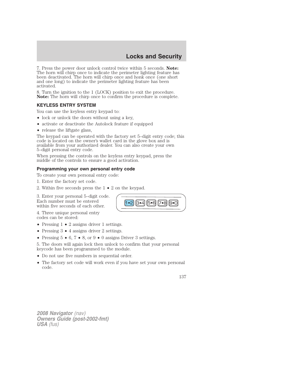 Keyless entry system, Programming your own personal entry code, Locks and security | Lincoln 2008 Navigator User Manual | Page 535 / 750