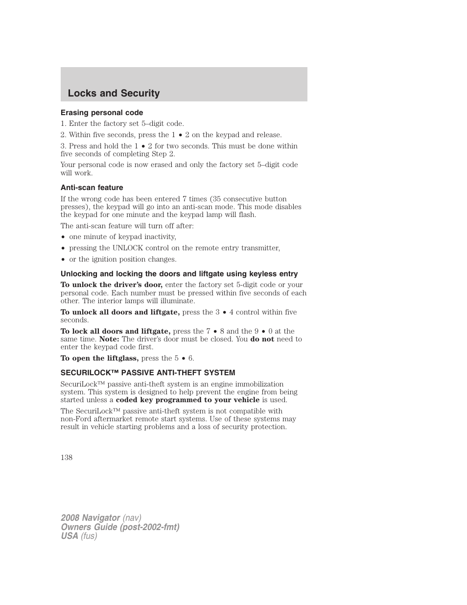 Erasing personal code, Anti-scan feature, Securilock™ passive anti-theft system | Locks and security | Lincoln 2008 Navigator User Manual | Page 536 / 750
