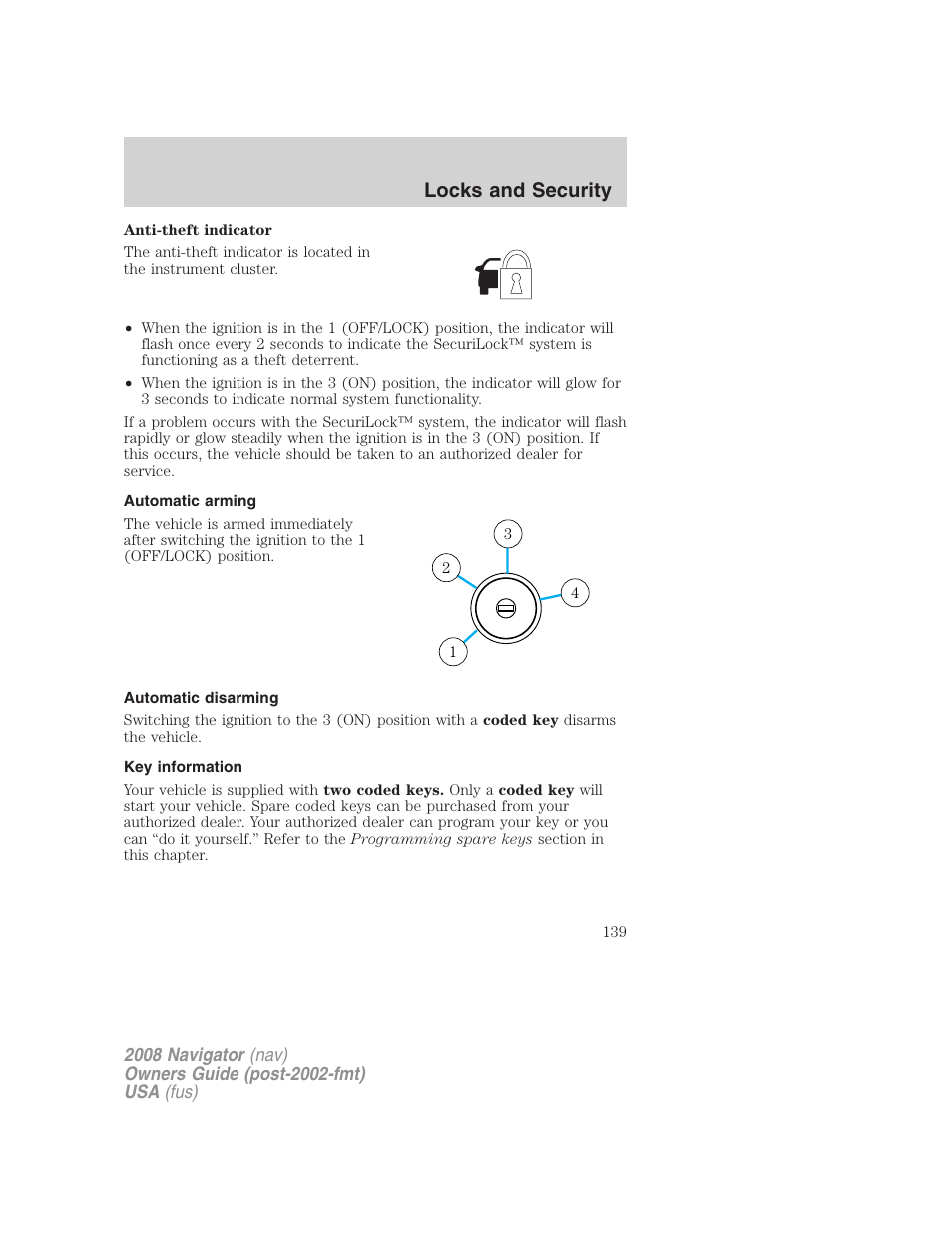 Automatic arming, Automatic disarming, Key information | Locks and security | Lincoln 2008 Navigator User Manual | Page 537 / 750