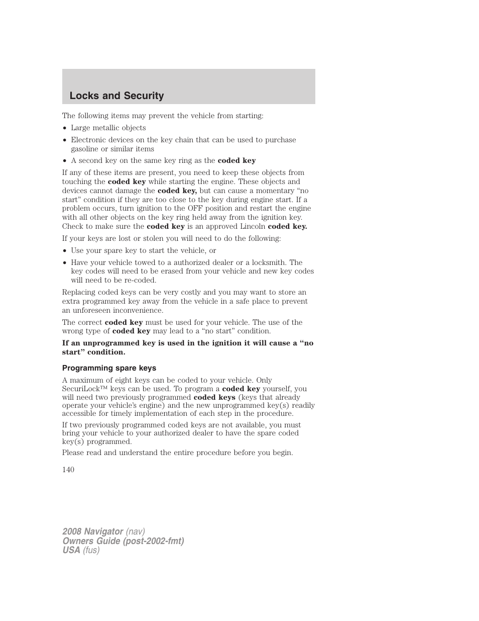 Programming spare keys, Locks and security | Lincoln 2008 Navigator User Manual | Page 538 / 750