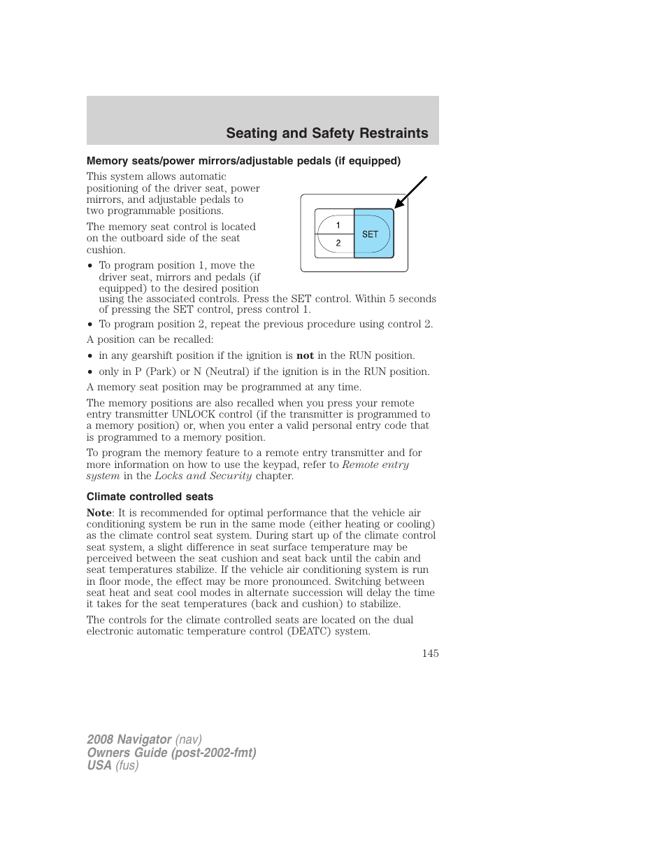 Climate controlled seats, Seating and safety restraints | Lincoln 2008 Navigator User Manual | Page 543 / 750