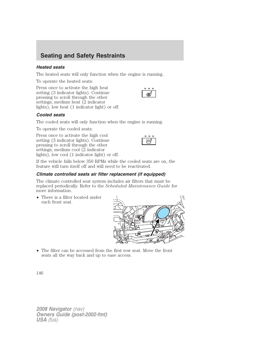 Heated seats, Cooled seats, Seating and safety restraints | Lincoln 2008 Navigator User Manual | Page 544 / 750