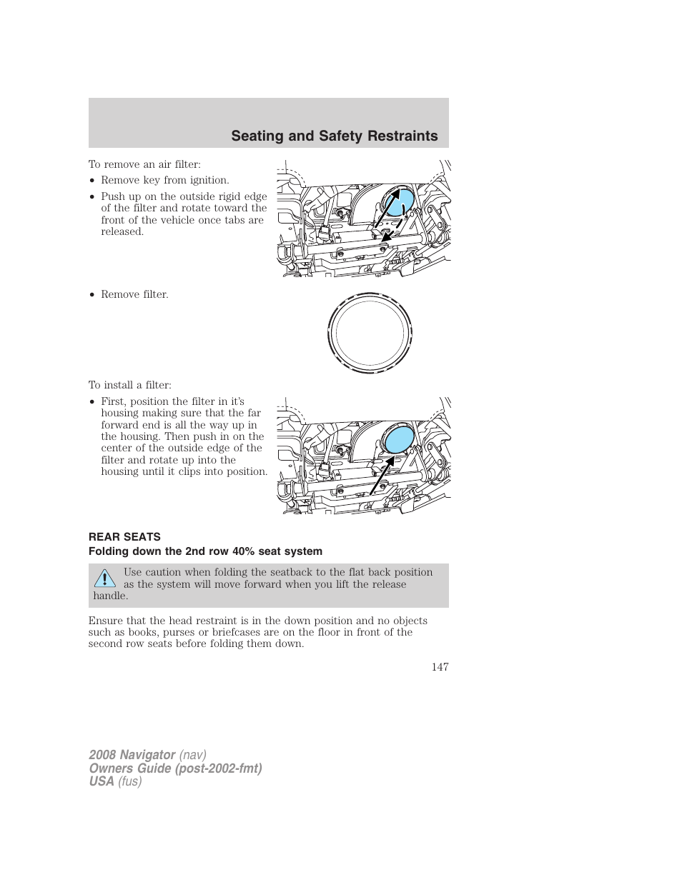 Rear seats, Folding down the 2nd row 40% seat system, Seating and safety restraints | Lincoln 2008 Navigator User Manual | Page 545 / 750