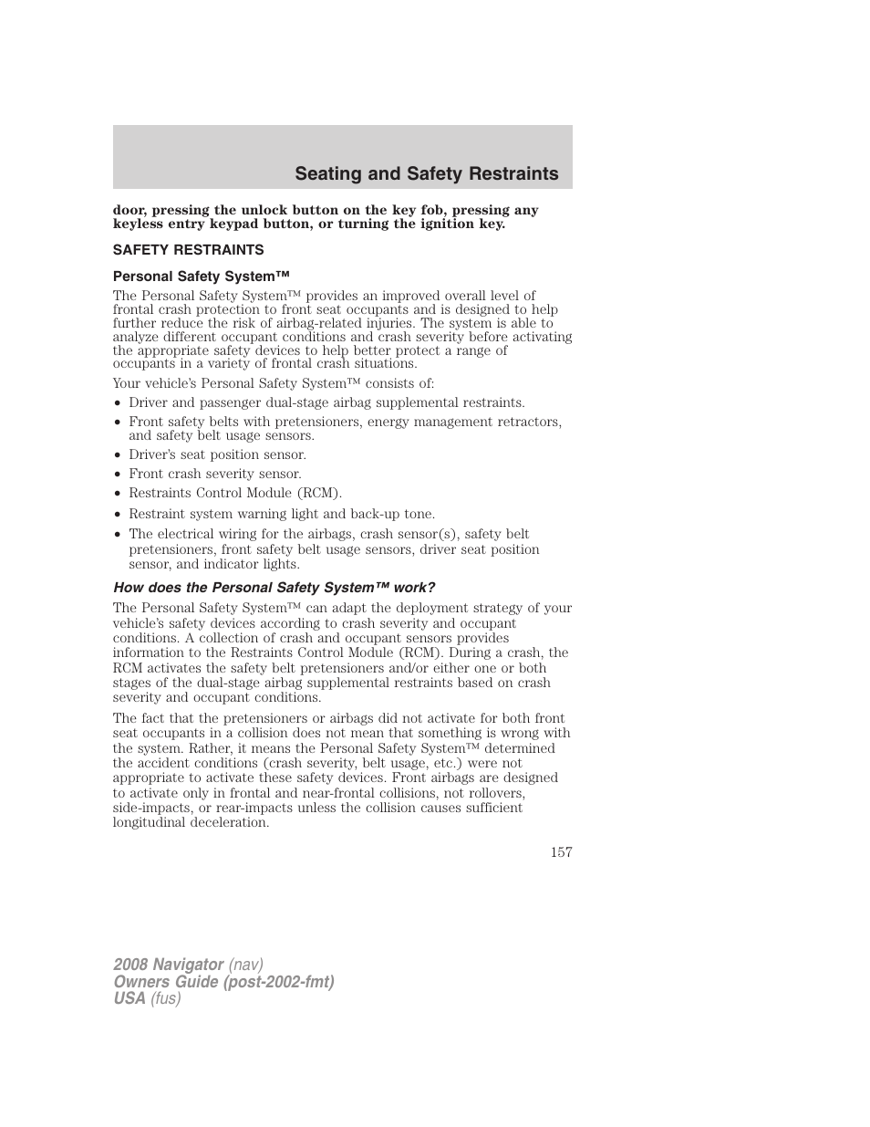Safety restraints, Personal safety system, How does the personal safety system™ work | Seating and safety restraints | Lincoln 2008 Navigator User Manual | Page 555 / 750
