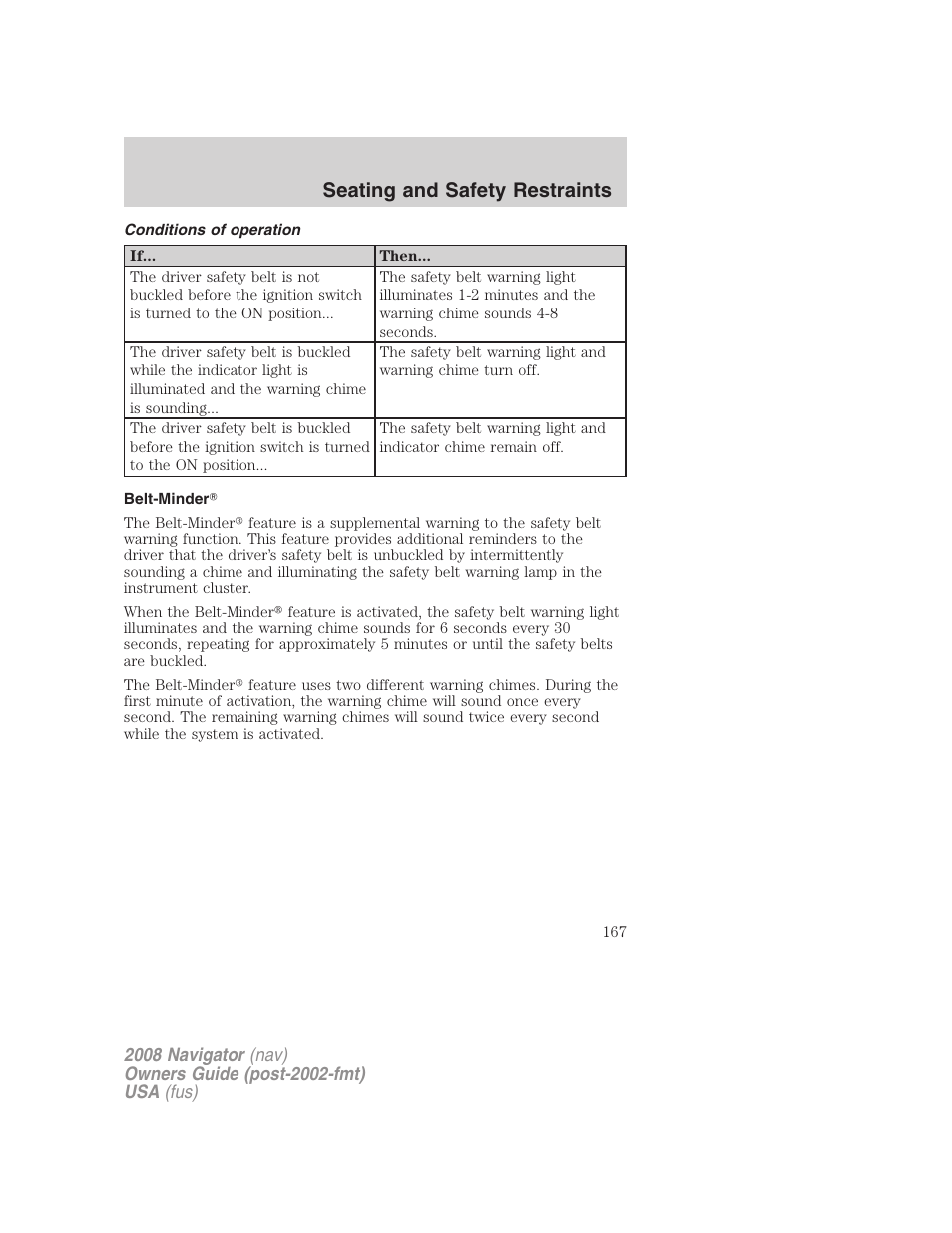 Conditions of operation, Belt-minder, Seating and safety restraints | Lincoln 2008 Navigator User Manual | Page 565 / 750