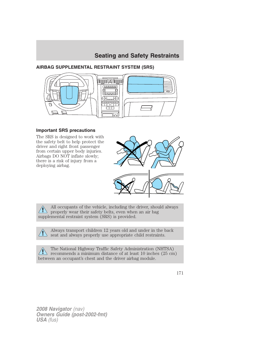 Airbag supplemental restraint system (srs), Important srs precautions, Seating and safety restraints | Lincoln 2008 Navigator User Manual | Page 569 / 750