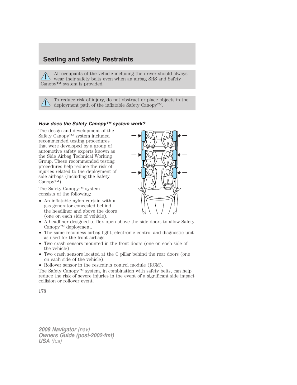 How does the safety canopy™ system work, Seating and safety restraints | Lincoln 2008 Navigator User Manual | Page 576 / 750