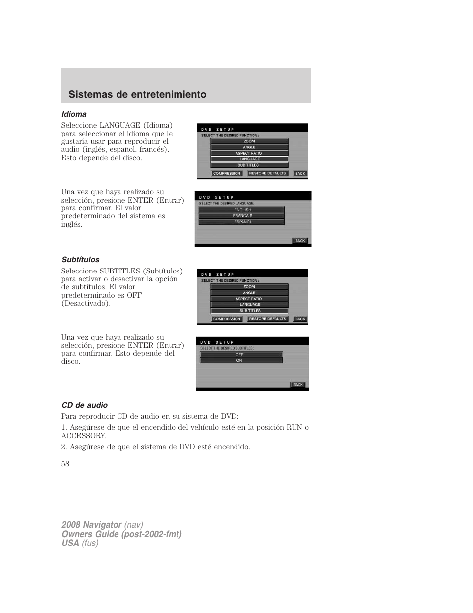 Idioma, Subtítulos, Cd de audio | Sistemas de entretenimiento | Lincoln 2008 Navigator User Manual | Page 58 / 750