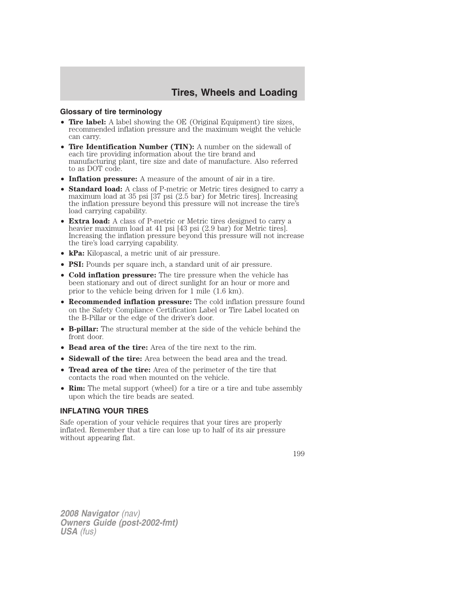 Glossary of tire terminology, Inflating your tires, Tires, wheels and loading | Lincoln 2008 Navigator User Manual | Page 597 / 750