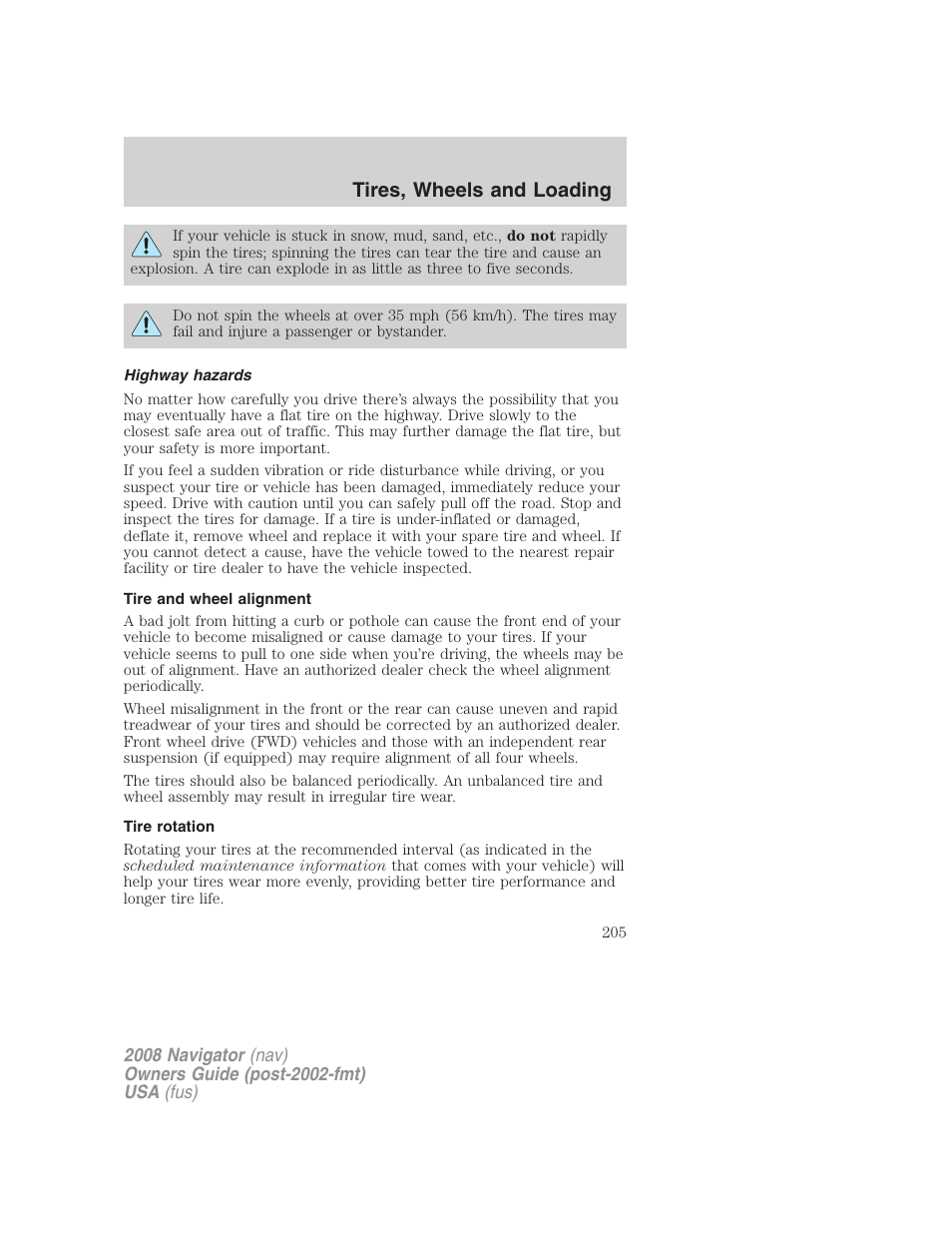 Highway hazards, Tire and wheel alignment, Tire rotation | Tires, wheels and loading | Lincoln 2008 Navigator User Manual | Page 603 / 750