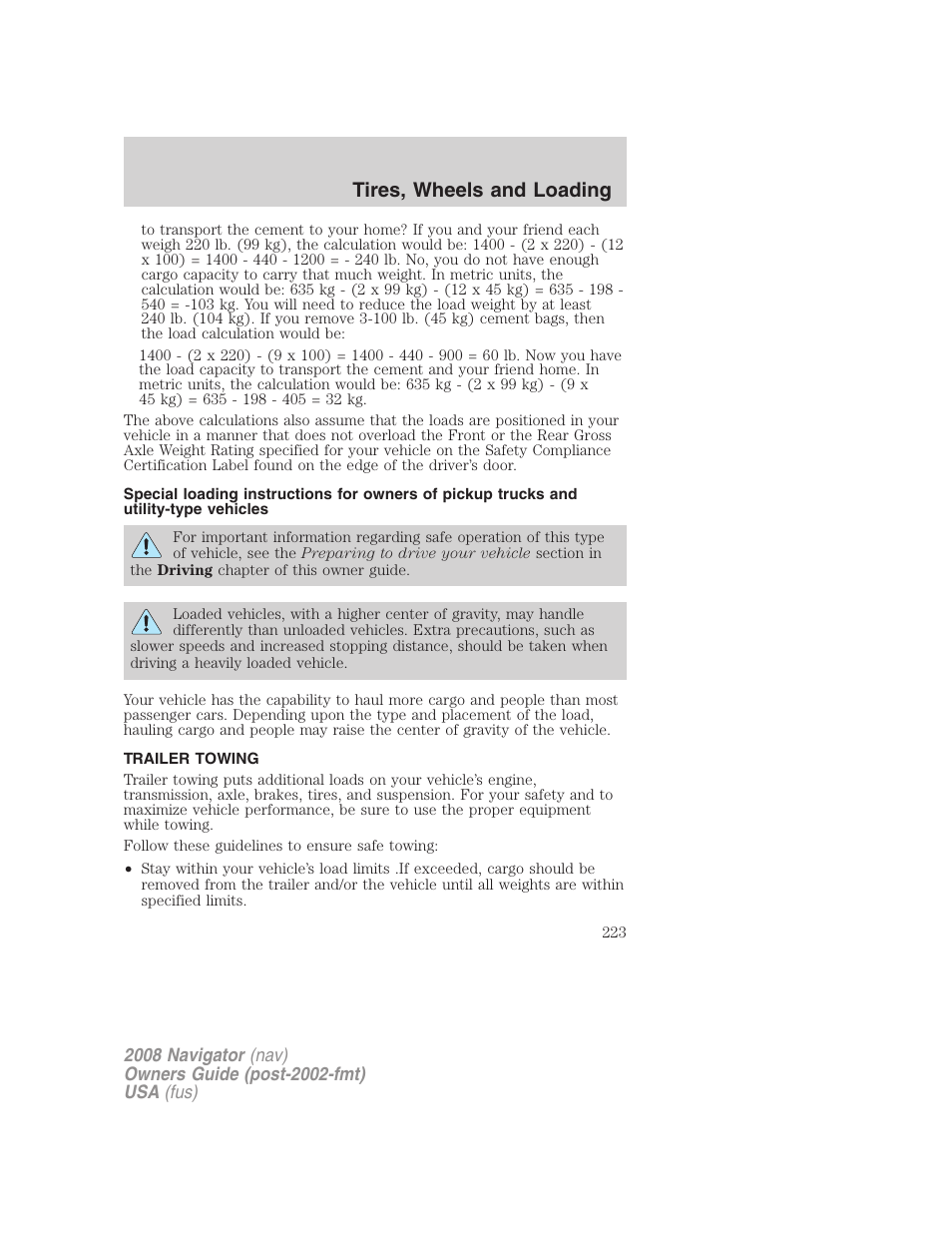 Trailer towing, Tires, wheels and loading | Lincoln 2008 Navigator User Manual | Page 621 / 750