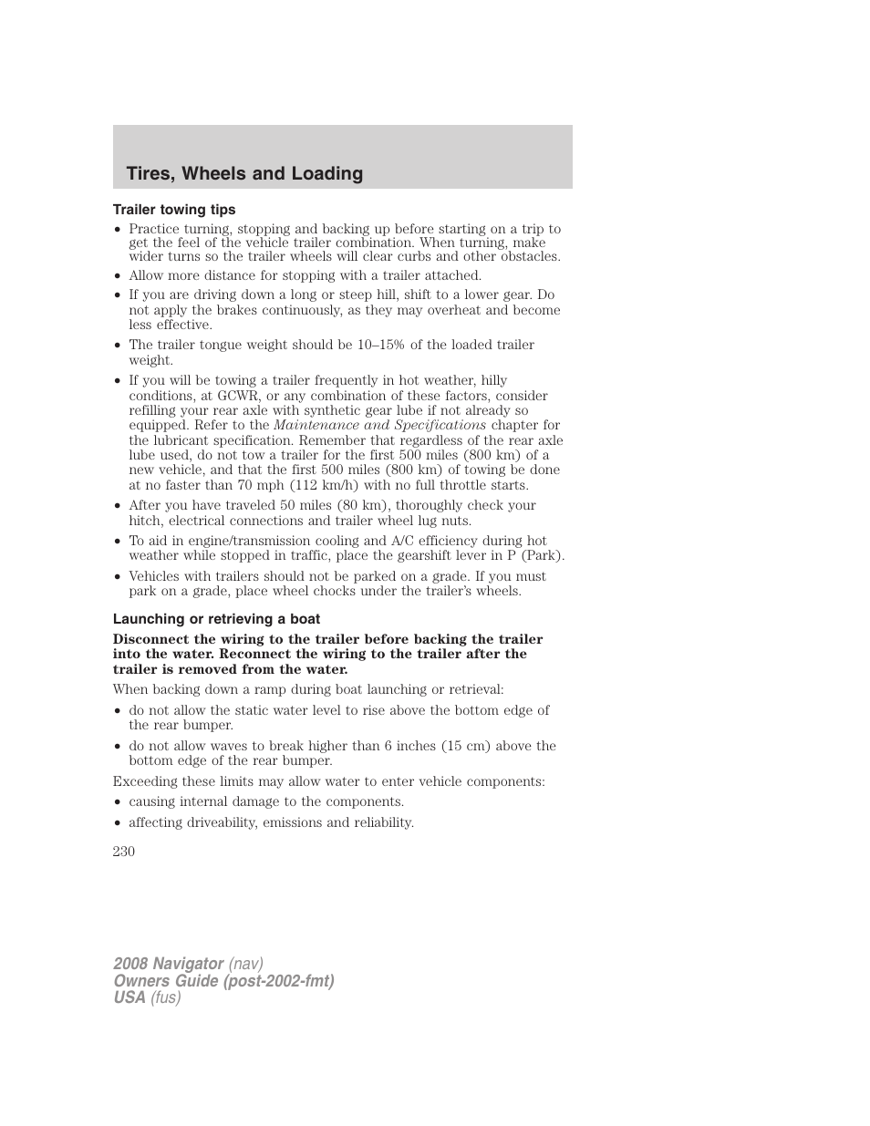 Trailer towing tips, Launching or retrieving a boat, Tires, wheels and loading | Lincoln 2008 Navigator User Manual | Page 628 / 750