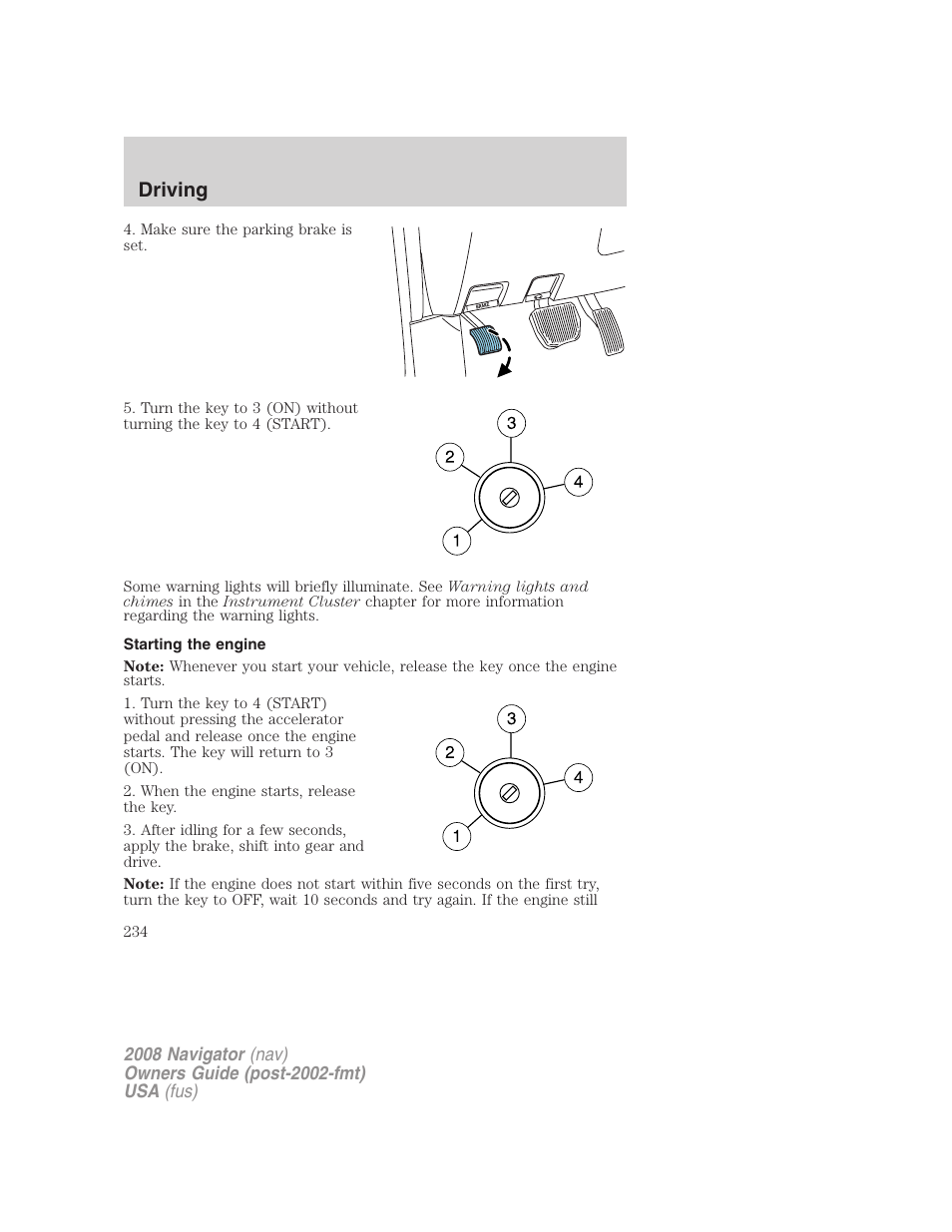 Starting the engine, Driving | Lincoln 2008 Navigator User Manual | Page 632 / 750