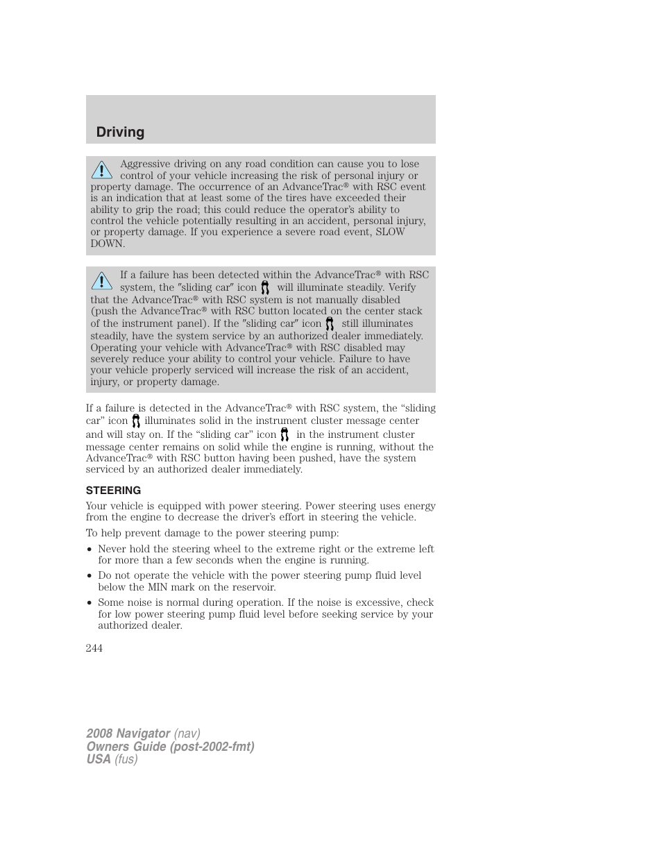 Steering, Driving | Lincoln 2008 Navigator User Manual | Page 642 / 750