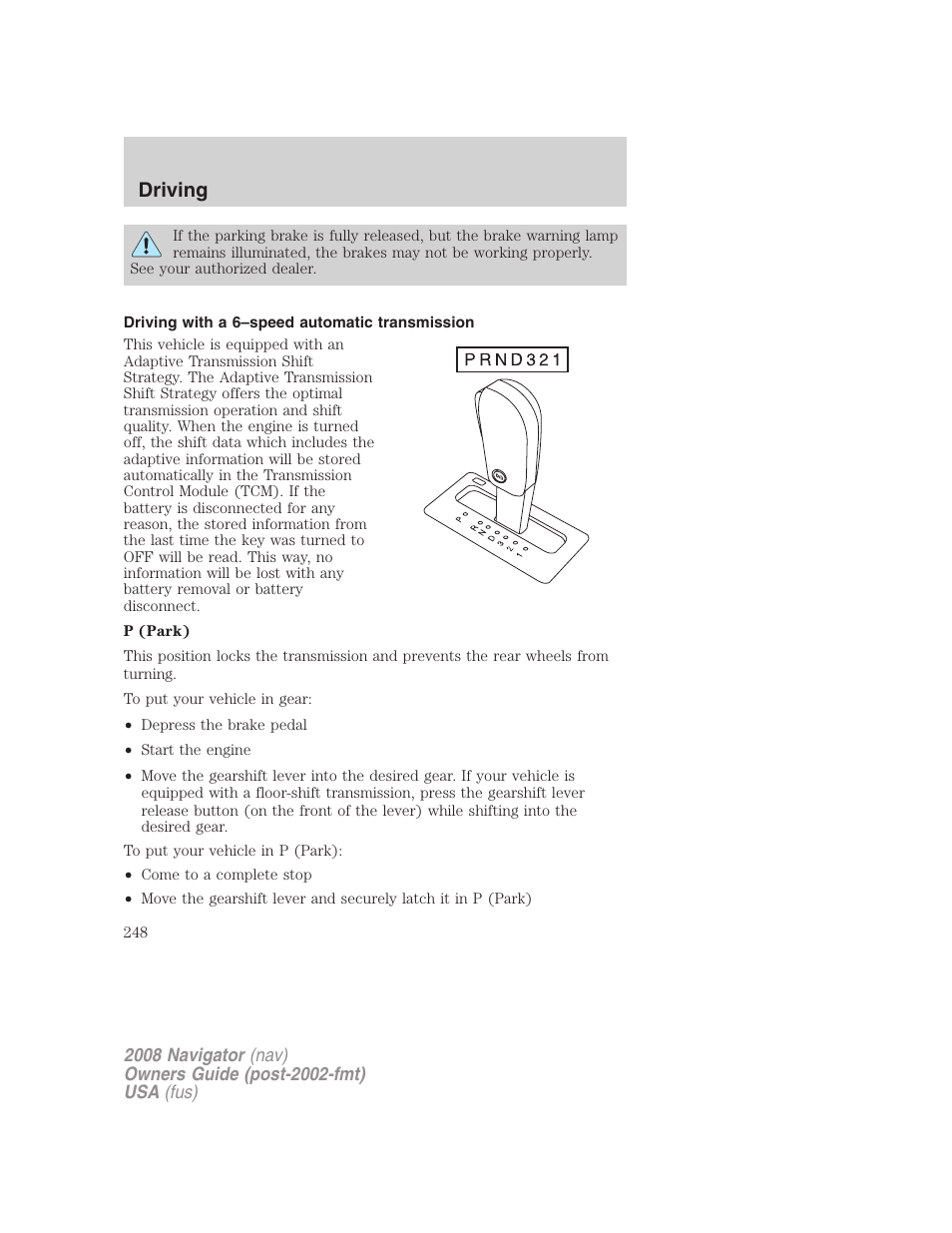 Driving with a 6–speed automatic transmission, Driving | Lincoln 2008 Navigator User Manual | Page 646 / 750