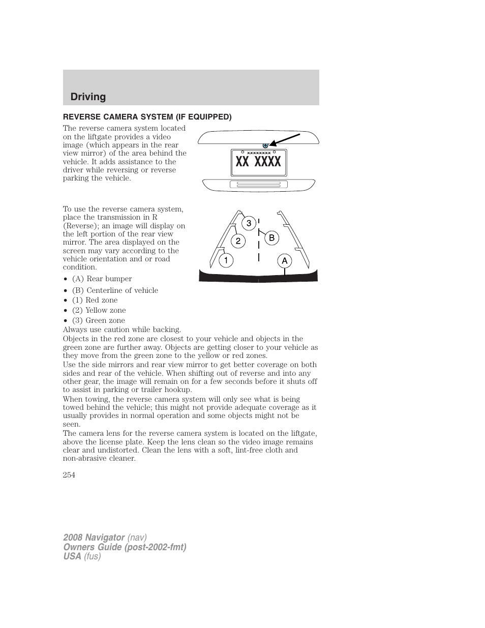 Reverse camera system (if equipped), Driving | Lincoln 2008 Navigator User Manual | Page 652 / 750